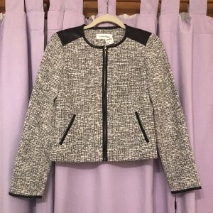 New Calvin Klein Tweed Blazer Women Professional Faux Leather Trim Petite Size 6